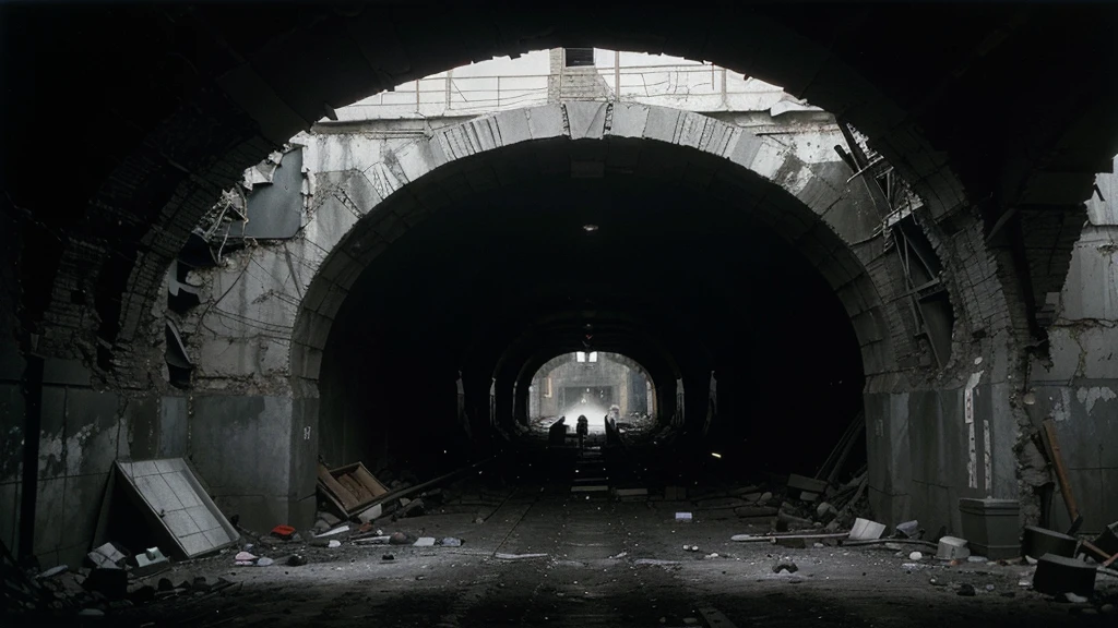 Black and white photograph of a Soviet coal mine in the 1970s. The entrance of a collapsed tunnel is visible. Debris and timber scattered around, rescue workers are seen working. Dim lighting and a dusty atmosphere.
