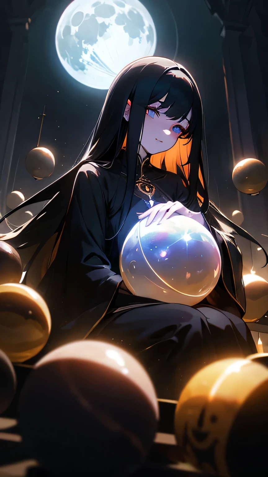 ultrahigh resolution, Girl, sitting, (long black hair), pale skin,glowing_eyes, orbs filled with swirling darkness, (((ultra detailed face, detailed eyes:0.8))), ((front view)), (medium shot), ((night, darkness, full moon illuminating face:0.9)), medium bust, crossed legs, holding a crystal ball, luminous aura, beautiful lighting, indoors, room with candles and shadows,28 years old, (slightly tilted head), (serene), (fascinating)