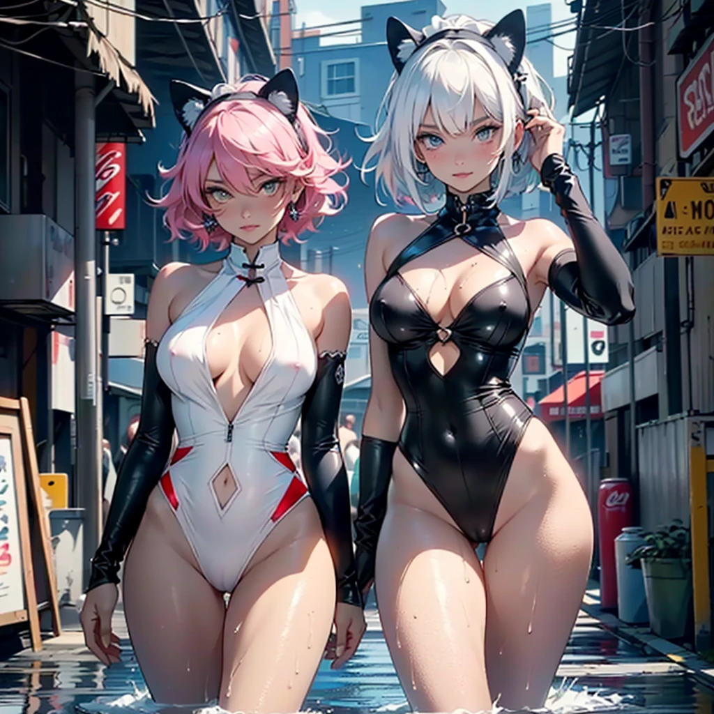 little maid cat girl,(((1 girl))),(((little ,tiny little body,,Chibi))),(((6 years))),((maid cat girl with extremely beautiful and beautiful pale rosa hair)),(((cat girl,anthro furry beautiful,cat girl))),(((cola,cat cola,cat ears,thin cat cola,cat ears on head,big cat ears))), (big breasts:1.4),abundant breasts,fluffy breasts,H cup bust,burst,bulging upper bust,(((pale rosa messy hair:1.35,short hair,colored inner hair,messy hair,ear breathing))),((heterochromia:1.5, (rosa_Look like and yellow_Look like))),intricate Look likes,beautiful decolaed Look likes,symmetrical Look likes,big Look likes:1.3,((gordo)),(((shiny skin:1.5,shiny skin: 1.5,tanned skin,shiny skin,very shiny skin,shiny body,plastic glitter skin,exaggerated shiny skin,illuminated skin,wet legs))),(spider lower abdomen,narrow waist,wide hip,athletic body,inflated legs,decolaed body,(take off makes)), beautiful,horny,seductive,erotic,(((NSFW))), (maid headdress),maid swimsuit,touched,(maid),sleeveless,neckline trimming,bare legs,sexy clothes,((wet clothes,intricate costume,intricate clothing)), (dynamic pose:1.0),focus alone,happy,(centered,Scale to fit dimensions,rule of thirds), Cyberpunk city by the ocean at night, with bright neon signs and dark stormy clouds and puddles, scenery:1.25, Artistic photography,(photograph taken by sldr),High resolution, sharp focus, (ultra cool, extremely decolaed), (photorealistic artwork:1.37),(extremely decolaed CG unity 8k wallpaper),((synth wave background theme)),(((vibrant colors))),(intricate background),(Masterpiece),(Best Quality),