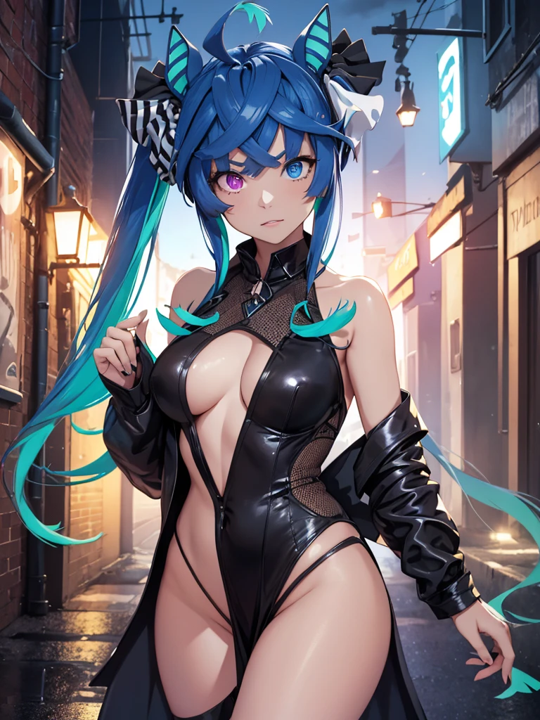 (Masterpiece, best quality, high res、highly detailed cg: 1), A scene titled "The Temptation of the Slut" depicts a woman of the night standing in a dimly lit alley. She wears a revealing dress, her posture is seductive, and her eyes are locked onto a potential customer passing by. The background is filled with the shadowy outlines of a bustling city nightlife, creating an atmosphere of illicit allure. Twin_Turbo_Umamusume, aqua hair, twintails, heterochromia, purple eyes, blue eyes, sharp teeth, flat chest, (hores tails), nsfw