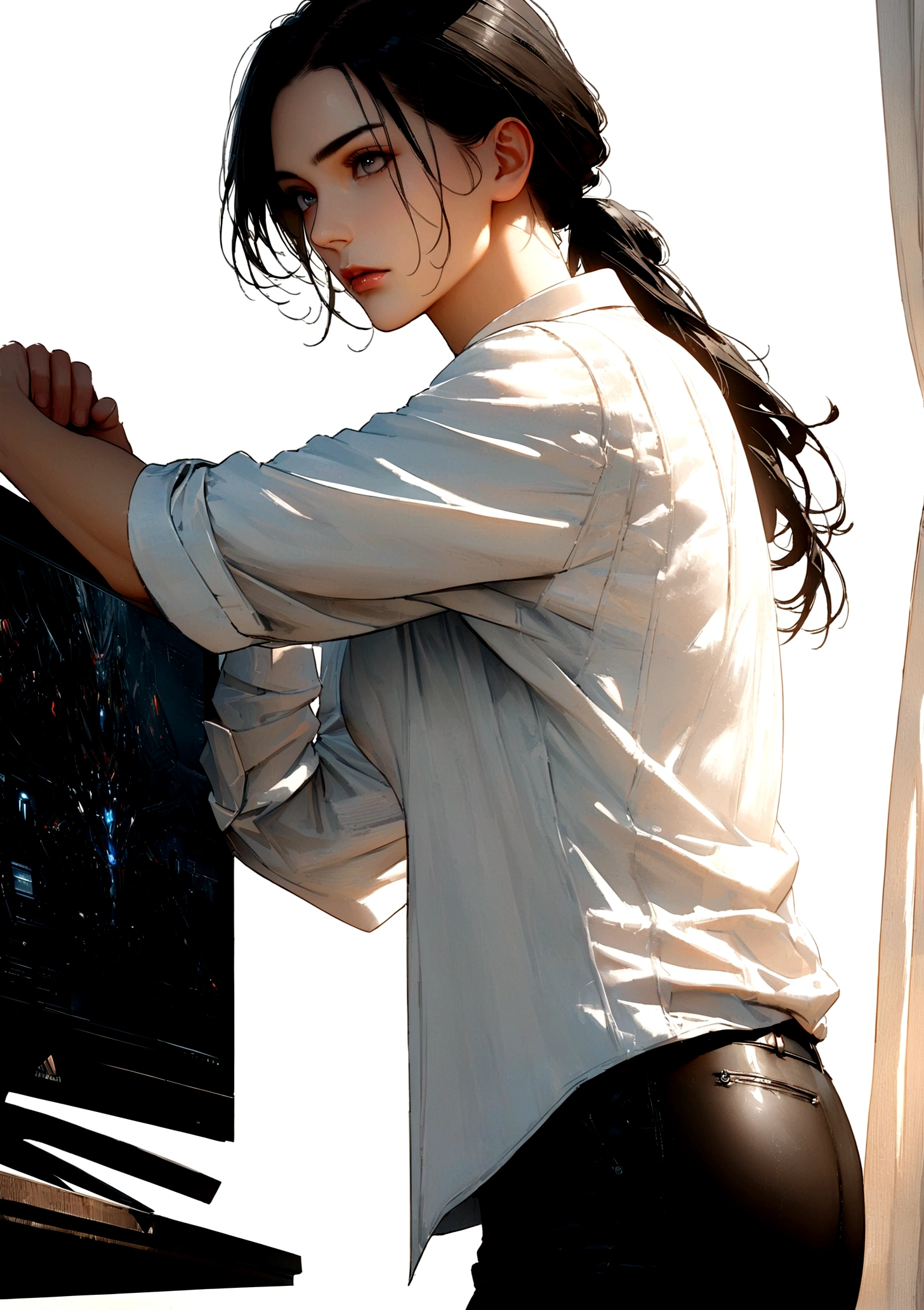 (original) , (very detailed wallpaper) , (Best quality) , (masterpiece) , photographic reality, realistic, very detailed illustrations , Beautiful eyes, perfect detail, (better lighting) , (super intricate details) , ultra detailed, , when,, 4K unified, (Super detailed computer graphics: 1.2) , (8 k: 1.2) , drawn ,soft hands, (Detailed anatomy), Anime, Yuta Okkotsu, man posing with a katana, dynamic pose, dynamic angle, Corner shot, Man with black hair, hairstyle curtains. White shirt, black tight pants, tired look, (White background:1.2), simple background