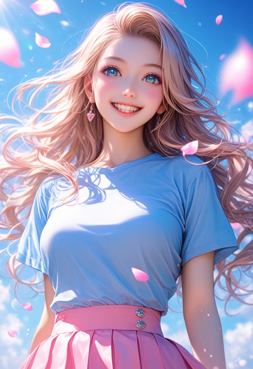 Wearing a blue anime-style T-shirt and pink skirt、In front of a cute girl with long hair smiling happily at the camera、There is a beautiful woman smiling gently here too、They both have sparkling eyes and bright white teeth., Background floating light effect, Fantasy Art Style, pastel colour, Digital Painting, Detailed anatomy, 超詳細なFantasy Art Styleの高解像度を備えたホログラフィック ルーム, Light blue petals on my cheeks, Realistic skin texture, whole body, Detailed Images, close-上, 32k resolution