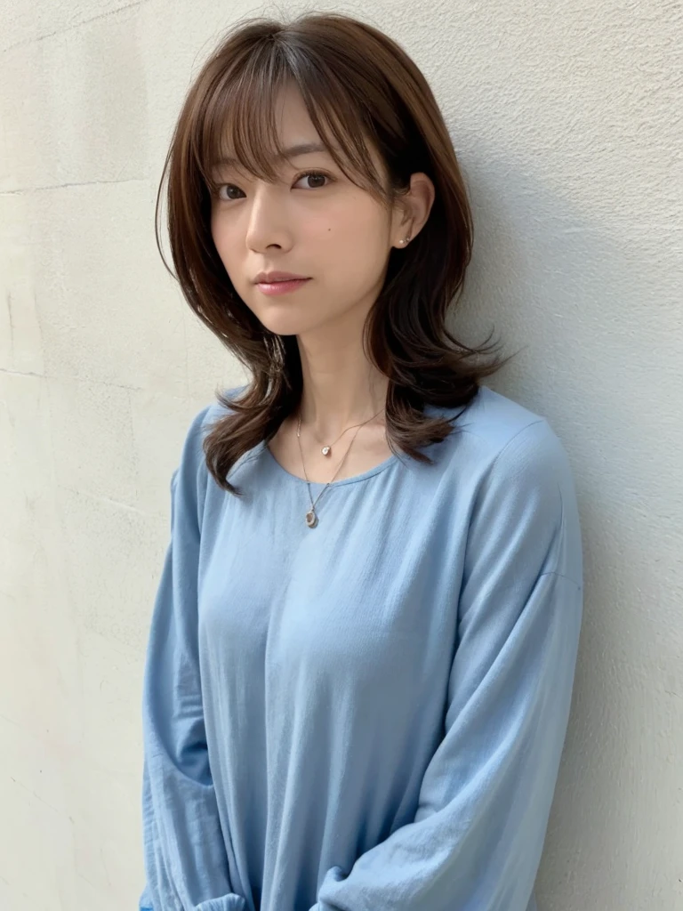 (Highly realistic photos, High resolution, Detailed face, Beautiful Eyes), Photographed in front of a white wall、Japanese women, 40 years old, A variety of expressions, alone:1, Slim figure, Various Hair Styles, Casual clothing, 写真にaloneいる、Long sleeve dress、Photographed in natural light、Simple Necklace、Spring Clothes、Don&#39;t look at the camera、profile、Dark brown hair color,Facial wrinkles