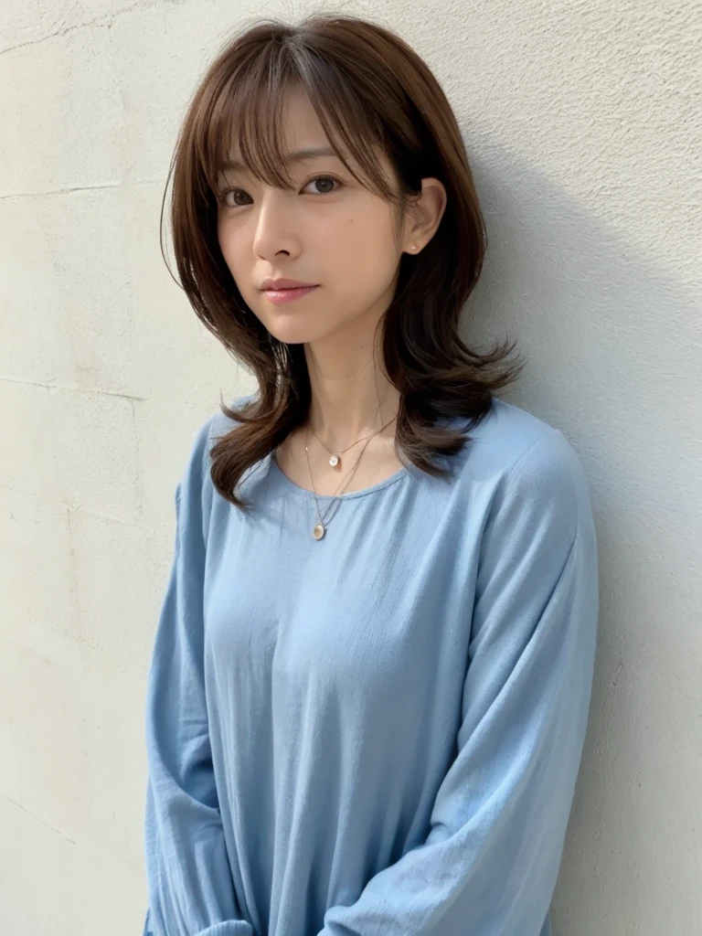 (Highly realistic photos, High resolution, Detailed face, Beautiful Eyes), Photographed in front of a white wall、Japanese women, 40 years old, A variety of expressions, alone:1, Slim figure, Various Hair Styles, Casual clothing, 写真にaloneいる、Long sleeve dress、Photographed in natural light、Simple Necklace、Spring Clothes、Don't look at the camera、profile、Dark brown hair color,Facial wrinkles