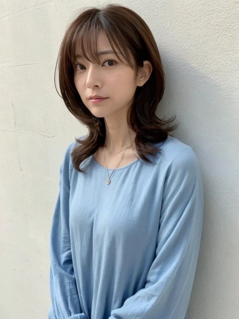 (Highly realistic photos, High resolution, Detailed face, Beautiful Eyes), Photographed in front of a white wall、Japanese women, 40 years old, A variety of expressions, alone:1, Slim figure, Various Hair Styles, Casual clothing, 写真にaloneいる、Long sleeve dress、Photographed in natural light、Simple Necklace、Spring Clothes、Don't look at the camera、profile、Dark brown hair color,Facial wrinkles