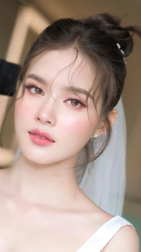 A close-up of a woman with a veil on her head, Popular Korean makeup, South Korean popular makeup, soft makeup, light makeup, sexy face with full makeup, young and adorable korean face, with jennie pink black, Portrait of Jennie from Blackpink, Beautiful young Korean woman, leaked image, Kim Jennie the Blackpink
