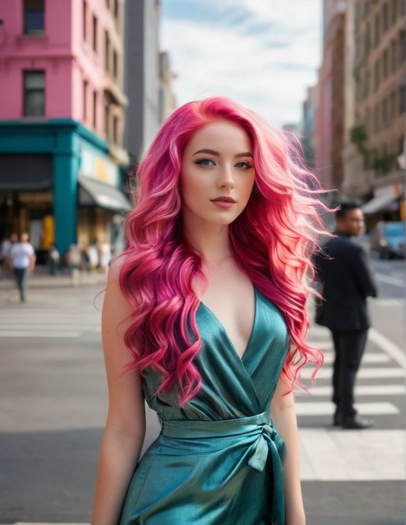 very attractive 25 year old girl with long wavy bright pink hair,  iwoman standing. a stunning woman dressed elegantly, stood confidently on the bustling city street corner as the vibrant urban landscape unfolded around her, emanating an air of grace and empowerment while using her poise to effortlessly capture the attention of passersby. 