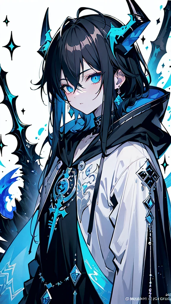 (masterpiece:1.2、highest quality), (Exquisite eyes: 1.2), (Detailed Background、Dark fantasy), (beauty detailed face), High Contrast, (Best lighting、Very delicate and beauty), ((Cinema Lighting) )), colorful, Hyper Detail, Dramatic Light, Intricate details, (1 teen boys, scruffy black hair, bangs, Blue eyes, dark castle, moon, dark night, midnight, long earrings, black hoodie, blue demon horns, blue great sword at the back, looking at viewer, upper body), Black light swirling around the character, Depth of written boundary, black light particles, Nightcore, Spectacular anime style, zerochan art, High quality anime art style, Key Anime Art, better eyes, High quality eyes.