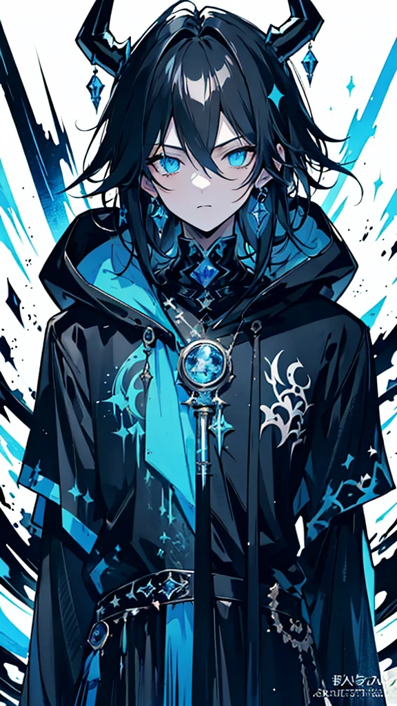 (masterpiece:1.2、highest quality), (Exquisite eyes: 1.2), (Detailed Background、Dark fantasy), (beauty detailed face), High Contrast, (Best lighting、Very delicate and beauty), ((Cinema Lighting) )), colorful, Hyper Detail, Dramatic Light, Intricate details, (1 teen boys, scruffy black hair, bangs, Blue eyes, dark castle, moon, dark night, midnight, long earrings, black hoodie, blue demon horns, blue great sword at the back, looking at viewer, upper body), Black light swirling around the character, Depth of written boundary, black light particles, Nightcore, Spectacular anime style, zerochan art, High quality anime art style, Key Anime Art, better eyes, High quality eyes.