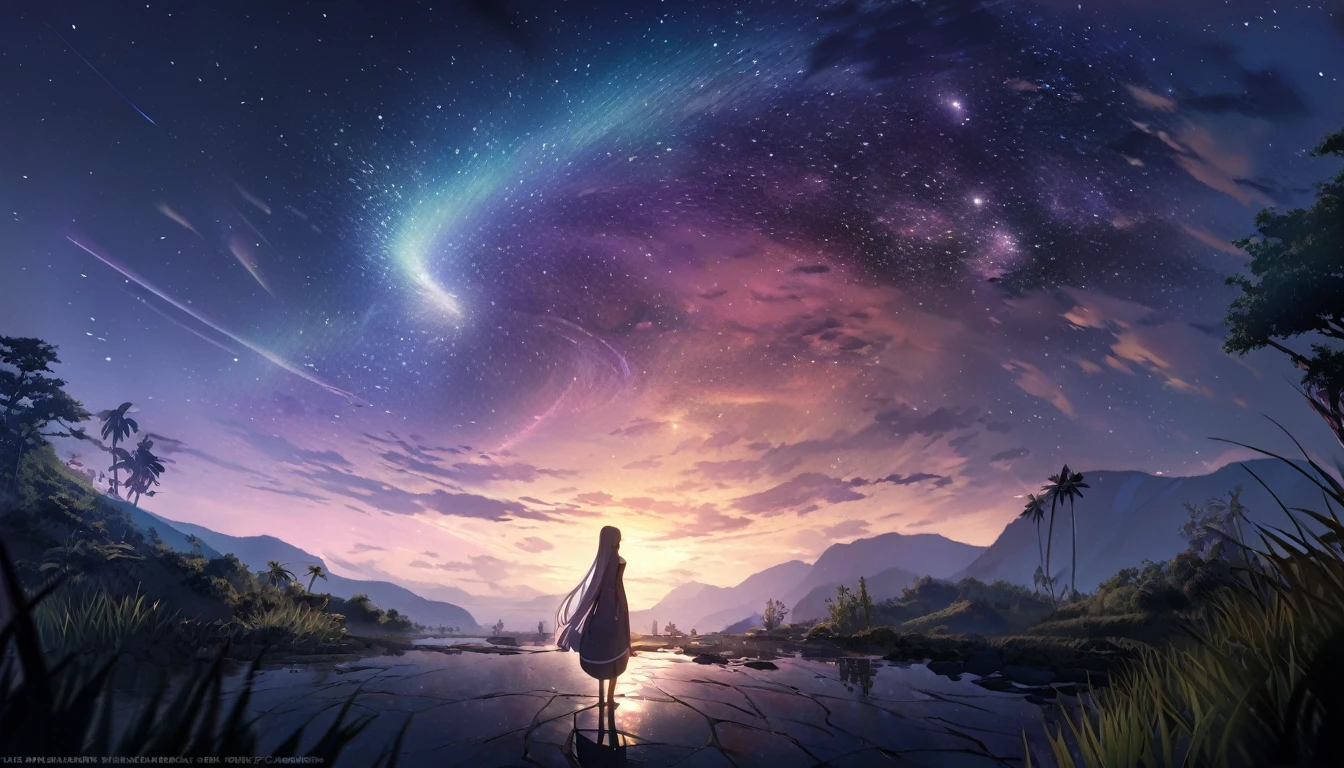 A girl in the wilderness, beautiful starry night, distant oasis, girl in travel attire, anime style, highly detailed, vibrant colors, dramatic lighting, cinematic composition, ethereal atmosphere, photorealistic, 8k, best quality, masterpiece, concept art, fantasy landscape, serene environment, adventure, wanderlust, wandering, lone traveler, graceful pose, long hair flowing, looking towards horizon, sense of mystery and wonder, lush vegetation, calming mood, dreamlike quality, soft focus, warm tones, golden hour lighting