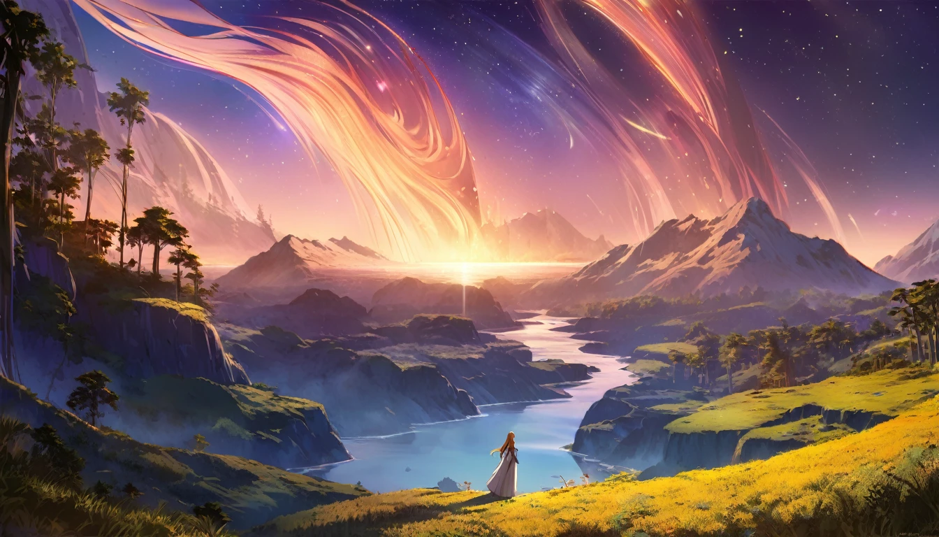 A girl in the wilderness, beautiful starry night, distant oasis, girl in travel attire, anime style, highly detailed, vibrant colors, dramatic lighting, cinematic composition, ethereal atmosphere, photorealistic, 8k, best quality, masterpiece, concept art, fantasy landscape, serene environment, adventure, wanderlust, wandering, lone traveler, graceful pose, long hair flowing, looking towards horizon, sense of mystery and wonder, lush vegetation, calming mood, dreamlike quality, soft focus, warm tones, golden hour lighting