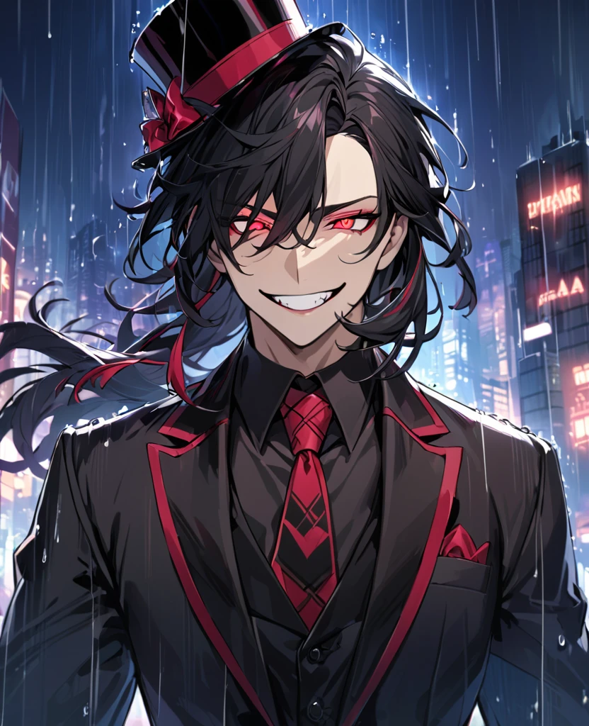 (black_hair), (deep_ruby_eyes), (detailed_eyes), (crazy_smile), (attractive), (night_city_background), (raining), (glowing_eyes), (male), (wearing _a_black_suit), (long_male_hair), (detailed_Hair), (detailed), (detailed_mouth), (Vertical_slit_pupils), wears a black top hat with a red ribbon edged trim,