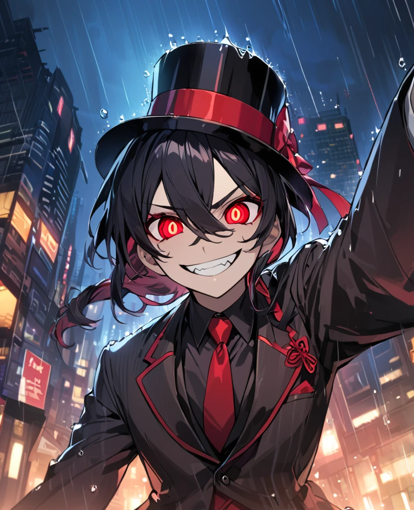  (black_hair), (deep_ruby_eyes), (detailed_eyes), (crazy_smile), (attractive), (night_city_background), (raining), (glowing_eyes), (male), (wearing _a_black_suit), (long_male_hair), (detailed_Hair), (detailed), (detailed_mouth), (Vertical_slit_pupils), wears a black top hat with a red ribbon edged trim,