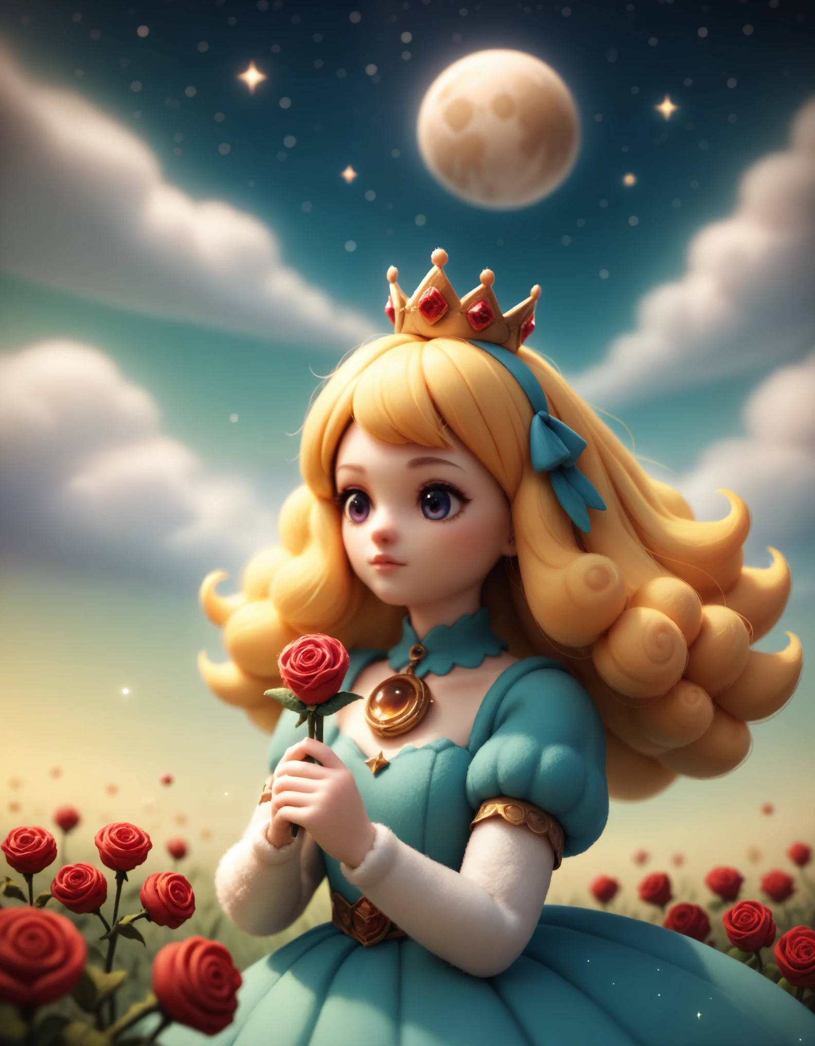 Felt world,felt style,Felt-World\(style\),A  from a fairy tale,with yellow hair,a crown,a gorgeous dress,holding a rose,a rose field on the moon,planets,loneliness,sparkling starry sky,wool felt,handcrafted,artistic,3D,realistic details,,