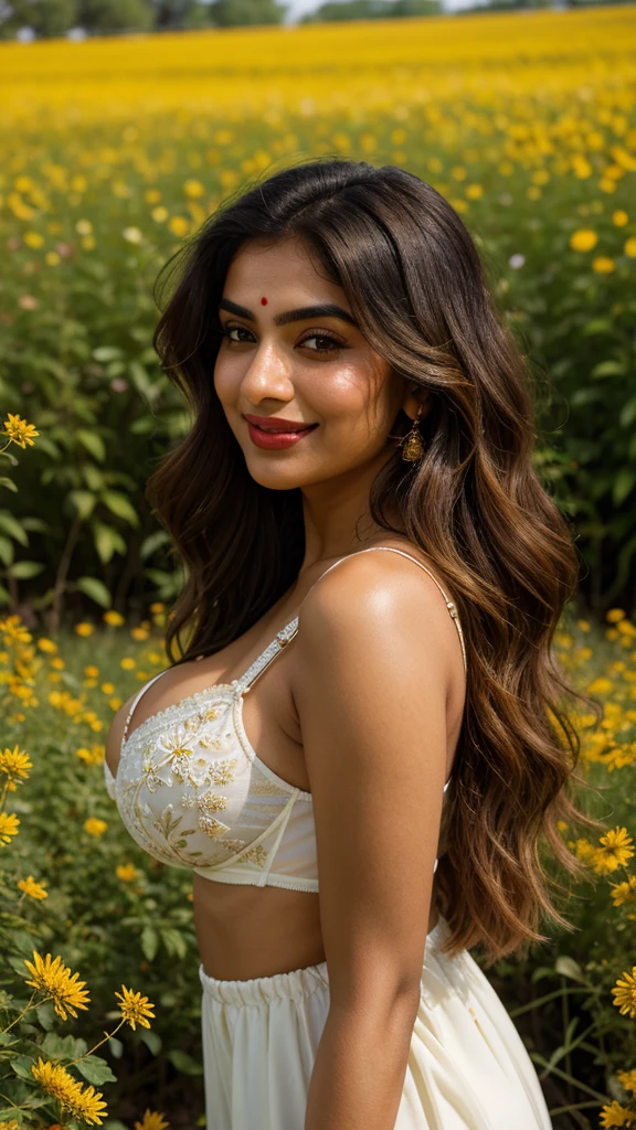 (((HD photo))), ultra high res.photorealistic:. 1.4, UHD, masterpiece, trending on artstation, portrait, 1girl, pretty, cute face, most beautiful in the world, soft, delicate, wavy blonde hair, large huge breasts, a vibrant Indian woman with olive skin and dark hair styled in loose waves. She has striking, almond-shaped eyes with bold eyebrows and intense,. Her lips are painted in a subtle, natural color, A carefree Pakistani woman with a contagious laugh lies amidst a field of brightly colored wildflowers. She wears bra. The camera (50mm lens, unzoomed) captures her from a low angle, framing her against the vastness of the flower field. The sunlight creates a natural spotlight on her joyful expression