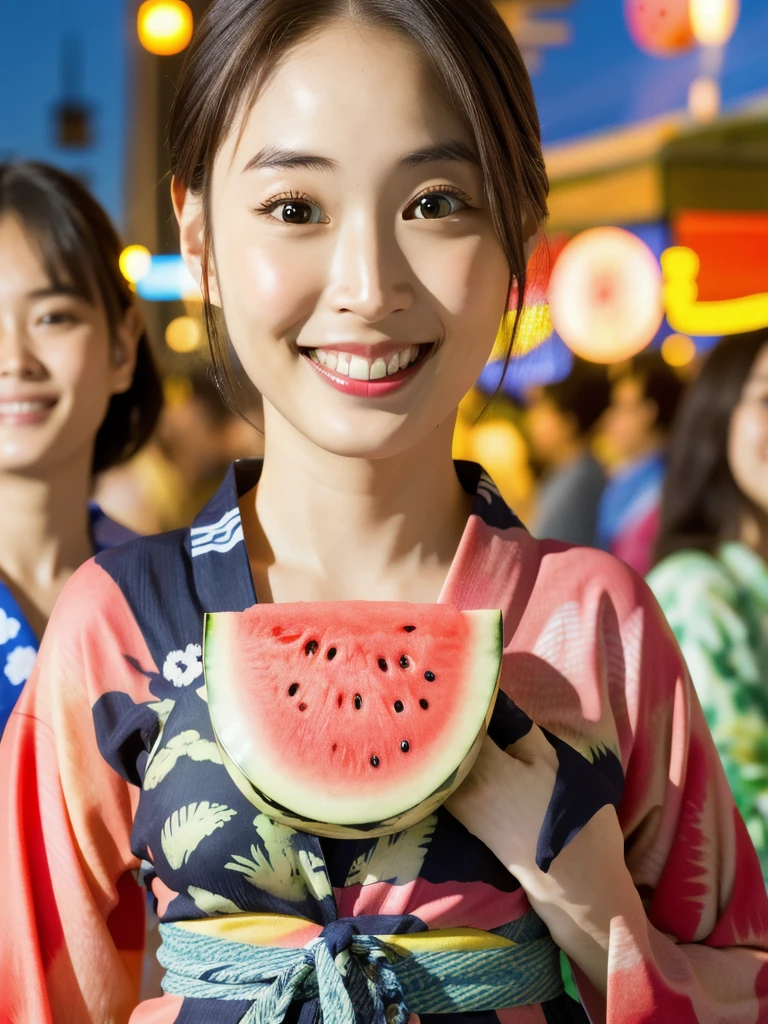 (fireworks), 1girl,(matsuri) (((Watermelon patterned yukata))), , (absurdres, highres, masterpiece), (night), vibrant colors, fluid colors, fine detailed beautiful face, ultra detailed, cowboy shot