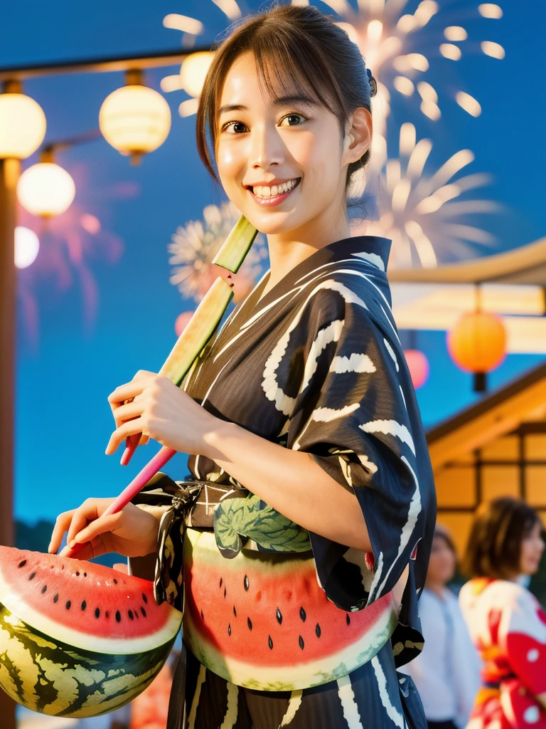 (fireworks), 1girl,(matsuri) (((Watermelon patterned yukata))), , (absurdres, highres, masterpiece), (night), vibrant colors, fluid colors, fine detailed beautiful face, ultra detailed, cowboy shot