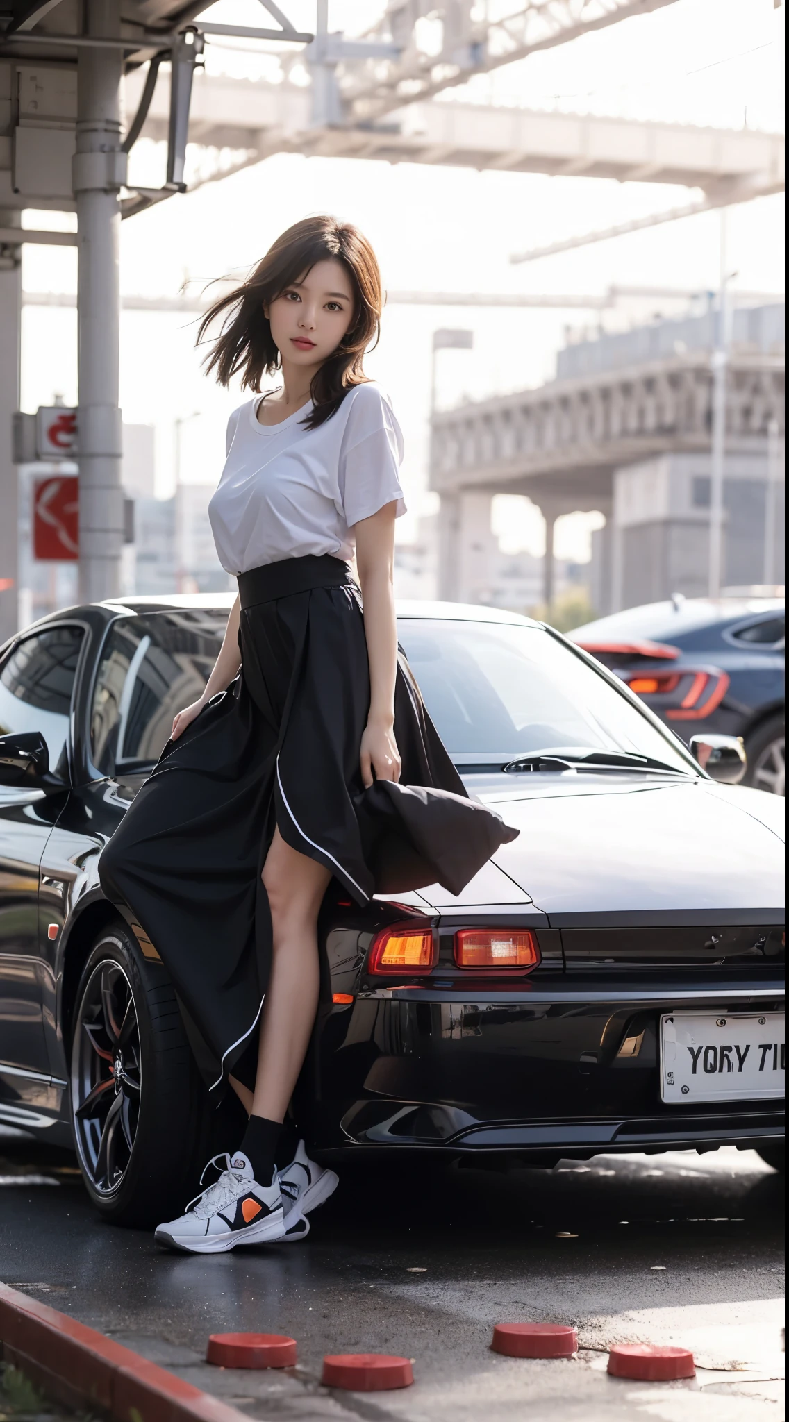 Beautiful Japanese waifu, early 30s, brunette hair, long skirt, sneakers, lean against a sports car