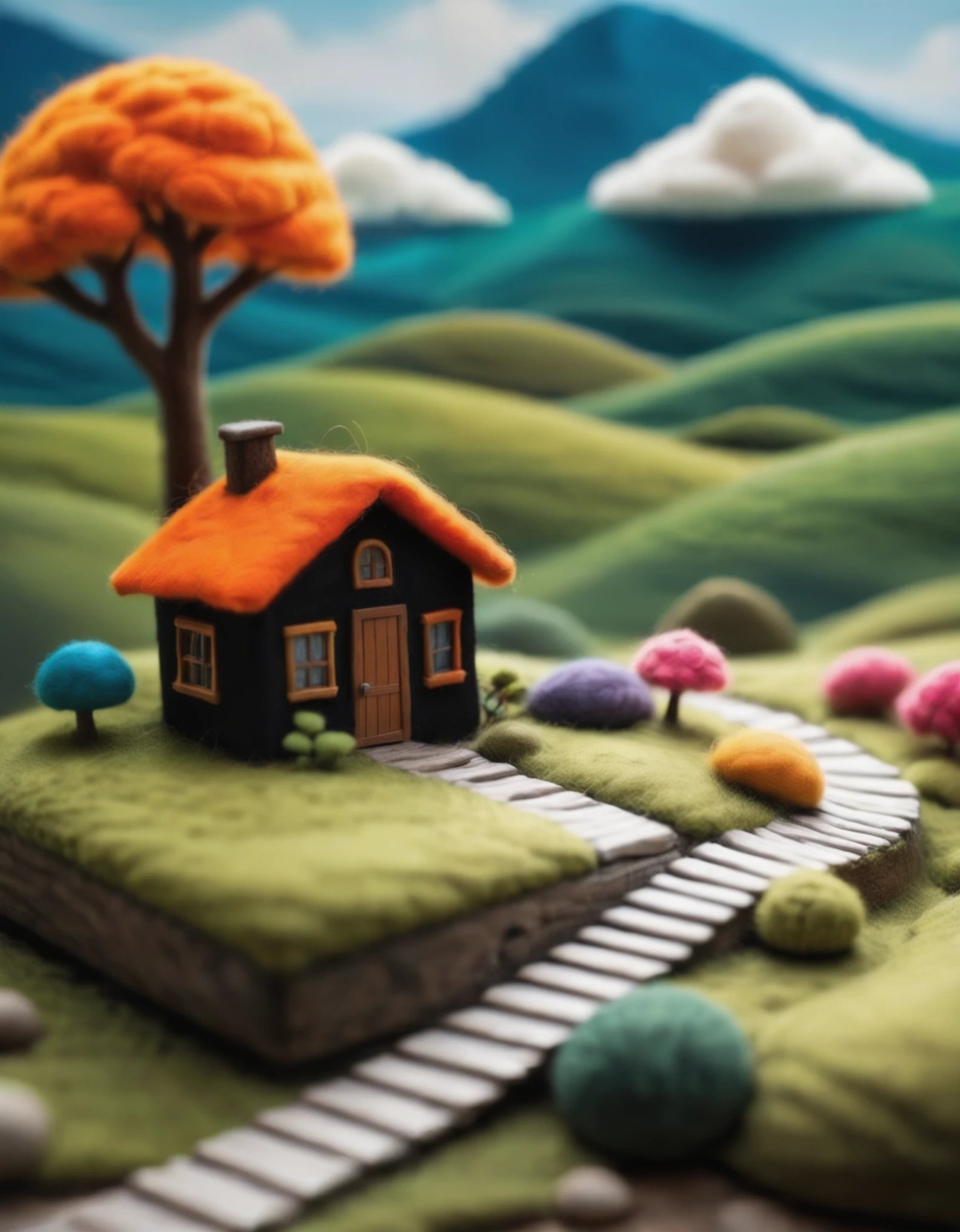 Felt world,Felt-World\(style\),{[1house], [A quaint miniature scene of a rural landscape, a small house painted black with an orange roof and wooden door, sitting on an elevated stilt above a winding dirt path through a meadow, lush green landscape with rocks and plants, various textures and depths, majestic mountains in the distance under a clear blue sky with fluffy white clouds], Peaceful and tranquil rural setting},