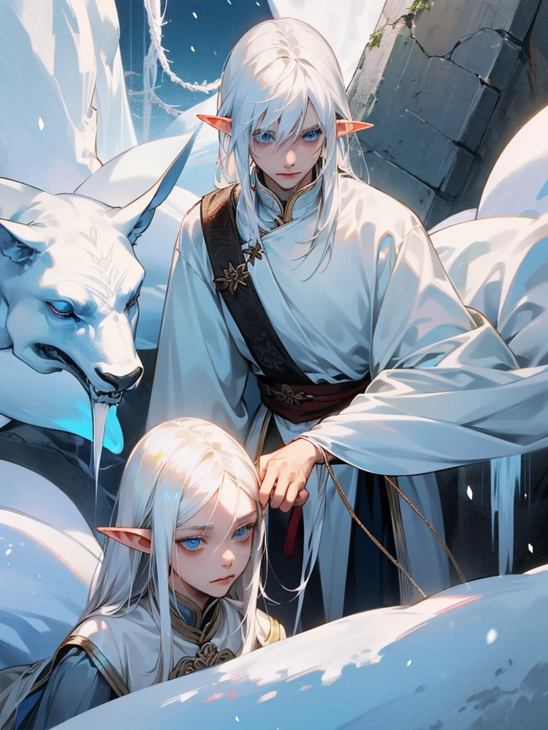 Male elf, thin masculine figure, long snow-white hair, light blue eyes, fair skin, helpless eyes, shy, wrists bound with ropes, slave.