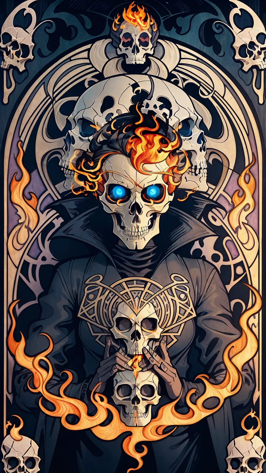 ((Art Nouveau Style)); ((Flaming Skull:1.3)); symmetrical with thick lines, Fibonacci, golden ratio, 3D metal structure tessellation, neural graphic, neurons, color, love, passion, incredibly detailed, 8k, masterpiece, artstation, surreal