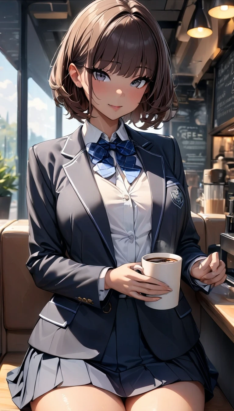 (highest quality, 4K, masterpiece :1.3), Beautiful woman, 1 girl, (chest, Attractive body :1.2), Cowboy Shot, ＪＫ:1.1, Dark brown hair: 1.1, short hair, , Highly detailed face, Lip details, Fine Eyes, double eyelid, sitting in cafe, left hand holding coffee, (dark skin:1)
, blazer, school, dark blue skirt, short skirt