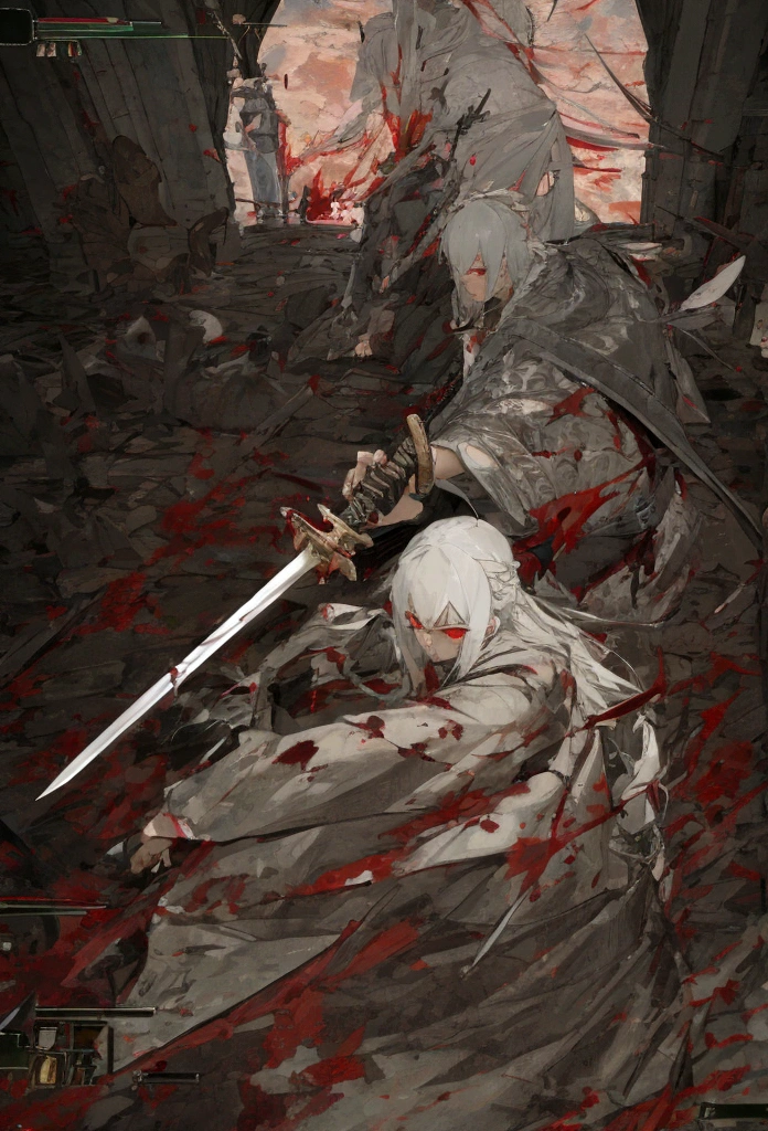 high quality,Just one person,knight鎧,Gray Hair,Long Hair, Seductive red eyes, Cool,knight,Western style,battle,Holding a sword,Naoken,Swordfighting,Extracting the Sword,Moving Pictures,Bleeding,Return blood,battlefield,break,Grit your teeth,kill,Slashing to death