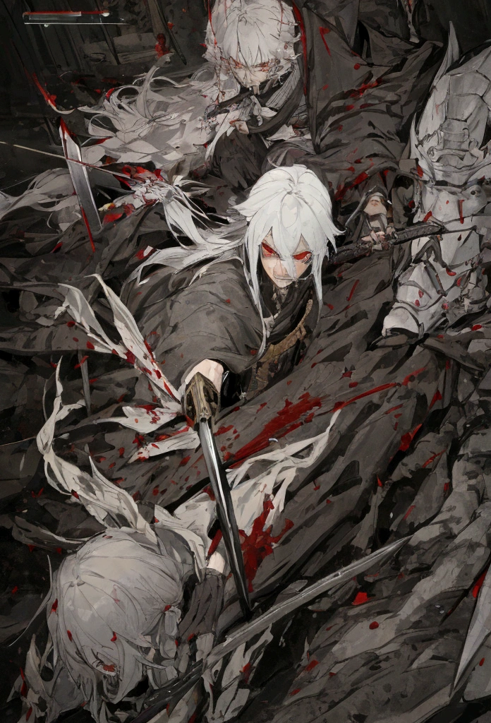 high quality,Just one person,knight鎧,Gray Hair,Long Hair, Seductive red eyes, Cool,knight,Western style,battle,Holding a sword,Naoken,Swordfighting,Extracting the Sword,Moving Pictures,Bleeding,Return blood,battlefield,break,Grit your teeth,kill,Slashing to death