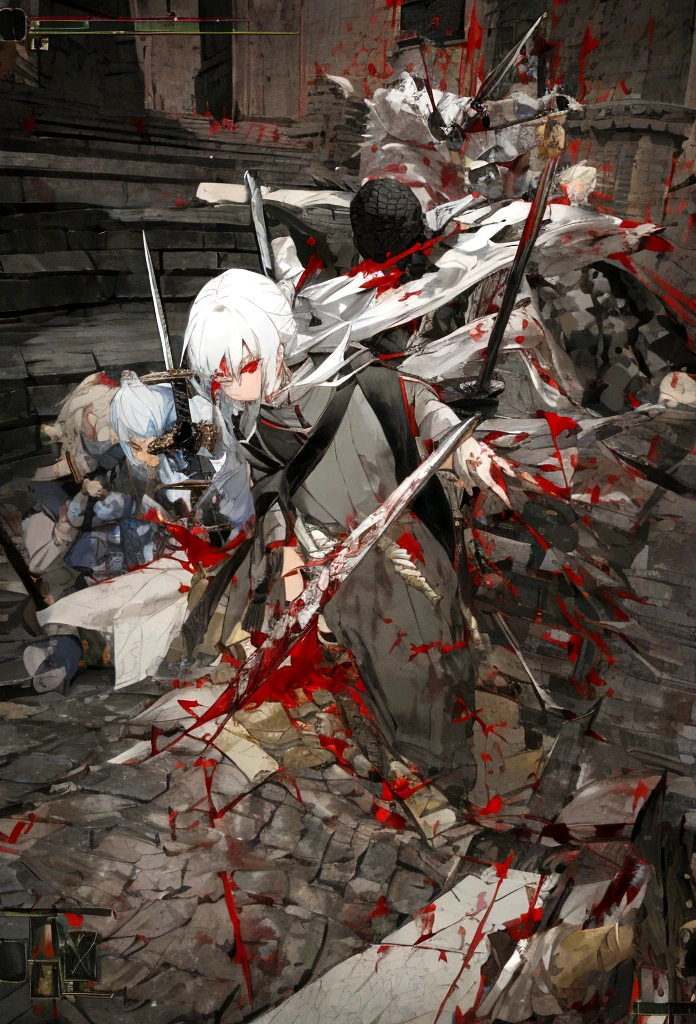 high quality,Just one person,knight鎧,Gray Hair,Long Hair, Seductive red eyes, Cool,knight,Western style,battle,Holding a sword,Naoken,Swordfighting,Extracting the Sword,Moving Pictures,Bleeding,Return blood,battlefield,break,Grit your teeth,kill,Slashing to death