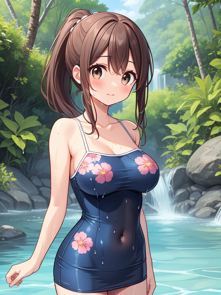 (masterpiece), best quality, (16k), expressive eyes, perfect face, lady, 1 girl, solo, large , navel, BREAK, ((pink floral print camisole )), (((wet cobalt blue solid pencil ))),  arms,  legs, shiny skin, wet body, BREAK, outdoors, in the waterfalls jungle forest, wading, BREAK, brown hair, wet hair, Lower ponytail, brown eyes, :), BREAK, standing, (upper body), (from front),