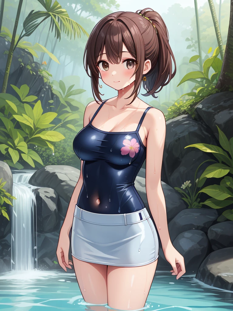 (masterpiece), best quality, (16k), expressive eyes, perfect face, lady, 1 girl, solo, large breast, navel, BREAK, ((pink floral print camisole swimsuit)), (((wet cobalt blue solid pencil mini skirt))), bare arms, bare legs, shiny skin, wet body, BREAK, outdoors, in the waterfalls jungle forest, wading, BREAK, brown hair, wet hair, Lower ponytail, brown eyes, :), BREAK, standing, (upper body), (from front),