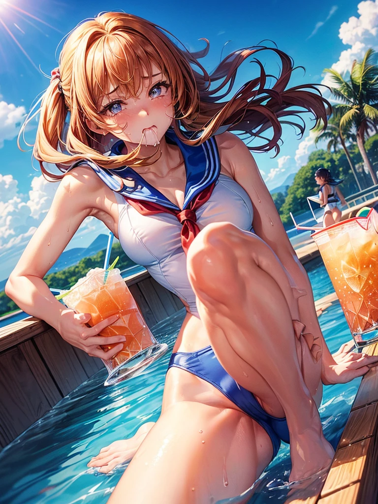 Highest quality,Highest Resolution,Sailor leotard(((2People and above)))A beautiful girl with a crying face,High leg,(((Tback))),Very beautiful eyes,Competition Pool,(((Holding a drink in your hand))),(((Open your mouth and drool))),sunny,blue sky,sweat profusely,Red tie,whole body,