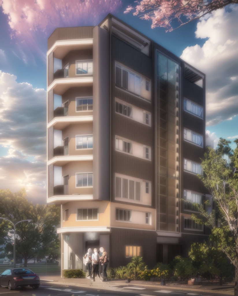 rendering of a building with a rainbow in the background, residential, full building, building facing, single building, multistory building, precise architectural rendering, architectural rendering, fully built buildings, rendering, 2 d cg, exterior view, inter dimensional villa, architectural 3 d render, architectural render, architectural visualization, realistic building, high quality rendering, architecture design, d render