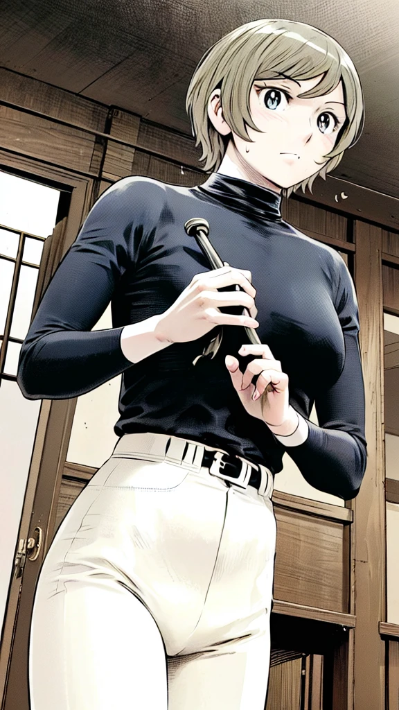 (Baseball uniform:1.2),
Blonde Hair, (short hair:1.2),Long sleeve, Black Shirt, turtleneck,White trousers、uniform、Black belt、((Illustration of people))、Big 、
View Audience,, (Highest quality:1.3),One Girl, White pants、uniform、Outdoor、baseball ground、ground、soil、blue eyes、Tight black shirt、(masterpiece、Highest quality)、Highest quality, Ultra-high resolution, (((masterpiece))), alone, Sweat、Big eyes、Big Breasts、One Girl, Front view、Embarrassed face、Bronze colored hair、((short hair))、Stand up straight