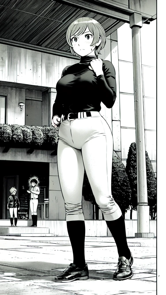 (Baseball uniform:1.2),
Blonde Hair, (short hair:1.2),Long sleeve, Black Shirt, turtleneck,White trousers、uniform、Black belt、((Illustration of people))、Big 、
View Audience,, (Highest quality:1.3),One Girl, White pants、uniform、Outdoor、baseball ground、ground、soil、blue eyes、Tight black shirt、(masterpiece、Highest quality)、Highest quality, Ultra-high resolution, (((masterpiece))), alone, Sweat、Big eyes、Big Breasts、One Girl, Front view、Embarrassed face、Bronze colored hair、((short hair))、Stand up straight