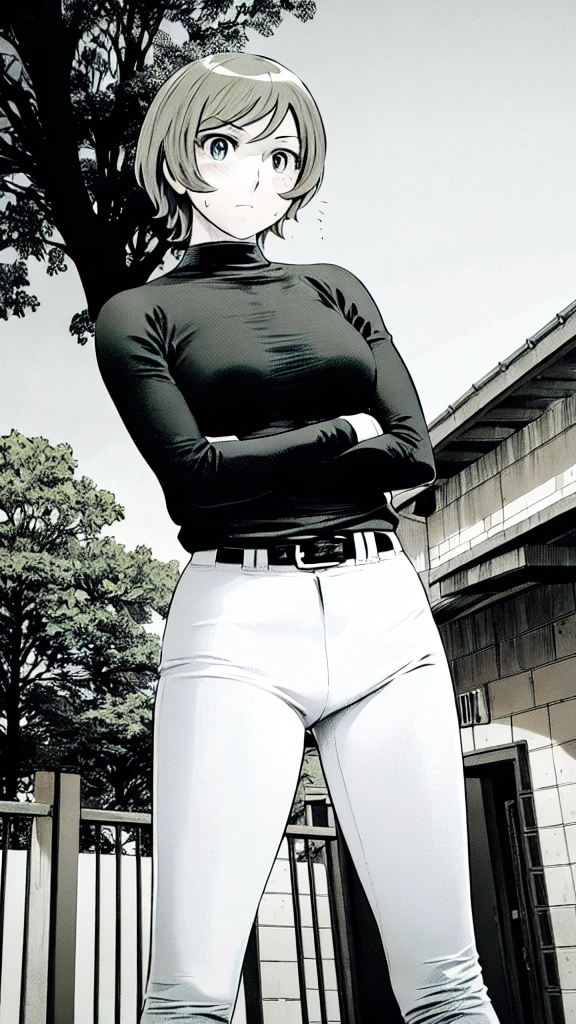 (Baseball uniform:1.2),
Blonde Hair, (short hair:1.2),Long sleeve, Black Shirt, turtleneck,White trousers、uniform、Black belt、((Illustration of people))、Big 、
View Audience,, (Highest quality:1.3),One Girl, White pants、uniform、Outdoor、baseball ground、ground、soil、blue eyes、Tight black shirt、(masterpiece、Highest quality)、Highest quality, Ultra-high resolution, (((masterpiece))), alone, Sweat、Big eyes、Big Breasts、One Girl, Front view、Embarrassed face、Bronze colored hair、((short hair))、Stand up straight
