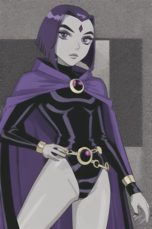 raven, 1girl, solo, purple eyes, purple hair, short hair, colored skin, grey skin, forehead jewel, black leotard, long sleeves, belt, blue cape, 