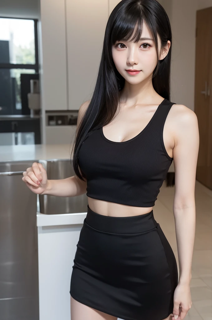 Tight tank top,Tight mini skirt,28 years old,Married Woman,Black Hair,bangs,Straight Hair,ponytail,Dark Eyes,Small Face,Young face,Clean eyes,Small Mouth,slender,Young face,,D Cup,In town,live-action,Realistic photos,8K,Smile,Ultra HD,Standing posture,whole body