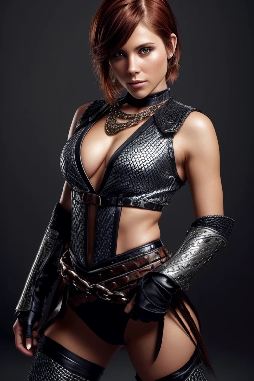 Gorgeous european woman with very short hair, hair in a ponytail with a fringe, wet hair, hair slicked back, combed straight back, slick hair, streaked auburn hair, seductive pose, sophia bush, dressed in a chainmail costume, cleavage, solid dark grey background