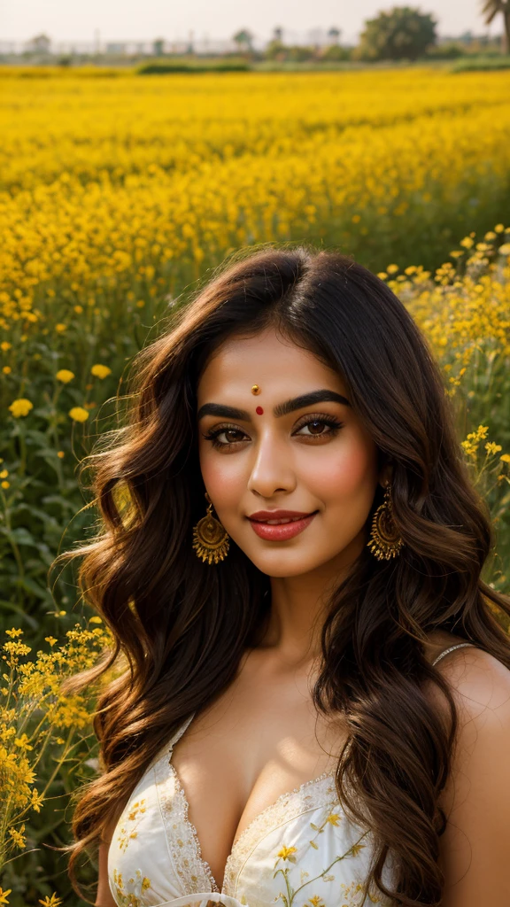 (((HD photo))), ultra high res.photorealistic:. 1.4, UHD, masterpiece, trending on artstation, portrait, 1girl, pretty, cute face, most beautiful in the world, soft, delicate, wavy blonde hair, large huge breasts, a vibrant Indian woman with olive skin and dark hair styled in loose waves. She has striking, almond-shaped eyes with bold eyebrows and intense,. Her lips are painted in a subtle, natural color, A carefree Pakistani woman with a contagious laugh lies amidst a field of brightly colored wildflowers. She wears bra. The camera (50mm lens, unzoomed) captures her from a low angle, framing her against the vastness of the flower field. The sunlight creates a natural spotlight on her joyful expression