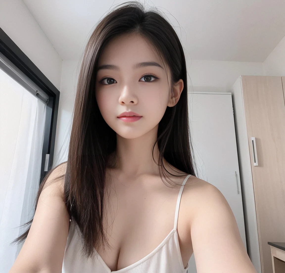 Flying debris、Highest quality、Super quality、got it、High resolution、8k wallpaper、Perfect dynamic composition、(((Esbian all over)))、((From below))、Cute 20 year old girl、Beautiful face in every detail、Delicate and cute eyes、Fine skin、My cheeks are red.、(Straight black hair)、Take a selfie with your phone、room、White Background、White Room、Take a selfie with your phone、small　bust、thin、Wearing a camisole