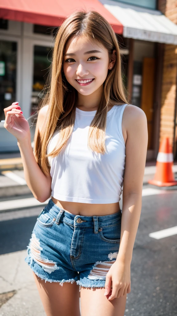 18-year-old、Tabletop, Highest quality, shape, Very detailed, In detail, High resolution, 8k wallpaper, Perfect dynamic composition, Beautiful details, Super long hair、smile、Blonde Hair、Street Snap、Silver Eyes、Shorts、Beautiful feet