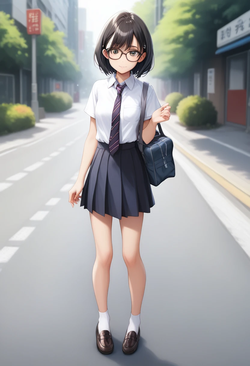 masterpiece, best quality, ultra-detailed, illustration,, (paisura:1.4), 1girl, glasses, small breasts, necktie, skirt, bag, , black hair, outdoors, road, between breasts, street, school bag, ground vehicle, danchi, japan,,  