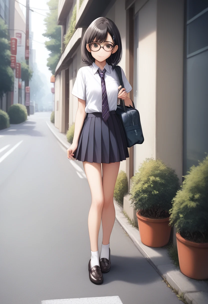 masterpiece, best quality, ultra-detailed, illustration,, (paisura:1.4), 1girl, glasses, small breasts, necktie, skirt, bag, , black hair, outdoors, road, between breasts, street, school bag, ground vehicle, danchi, japan,,  