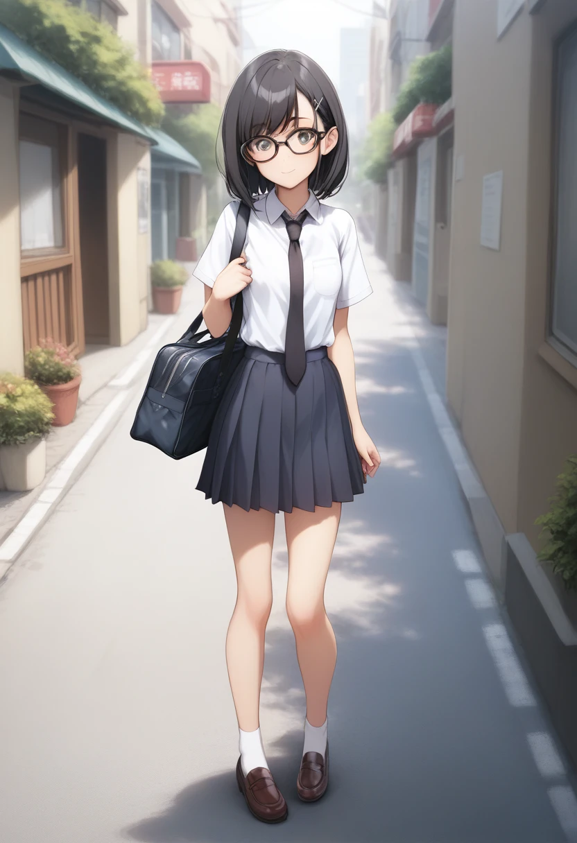 masterpiece, best quality, ultra-detailed, illustration,, (paisura:1.4), 1girl, glasses, small breasts, necktie, skirt, bag, , black hair, outdoors, road, between breasts, street, school bag, ground vehicle, danchi, japan,,