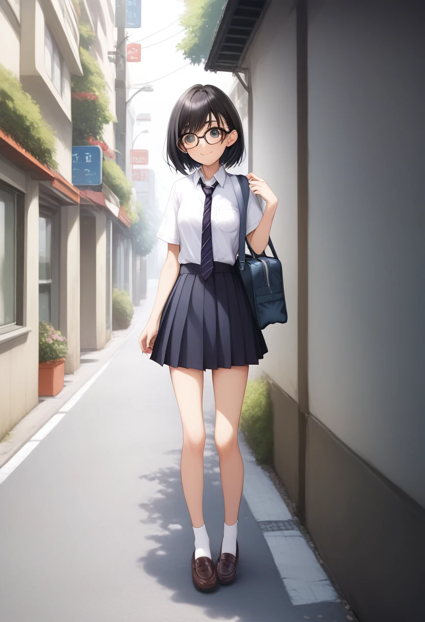 masterpiece, best quality, ultra-detailed, illustration,, (paisura:1.4), 1girl, glasses, small breasts, necktie, skirt, bag, , black hair, outdoors, road, between breasts, street, school bag, ground vehicle, danchi, japan,,