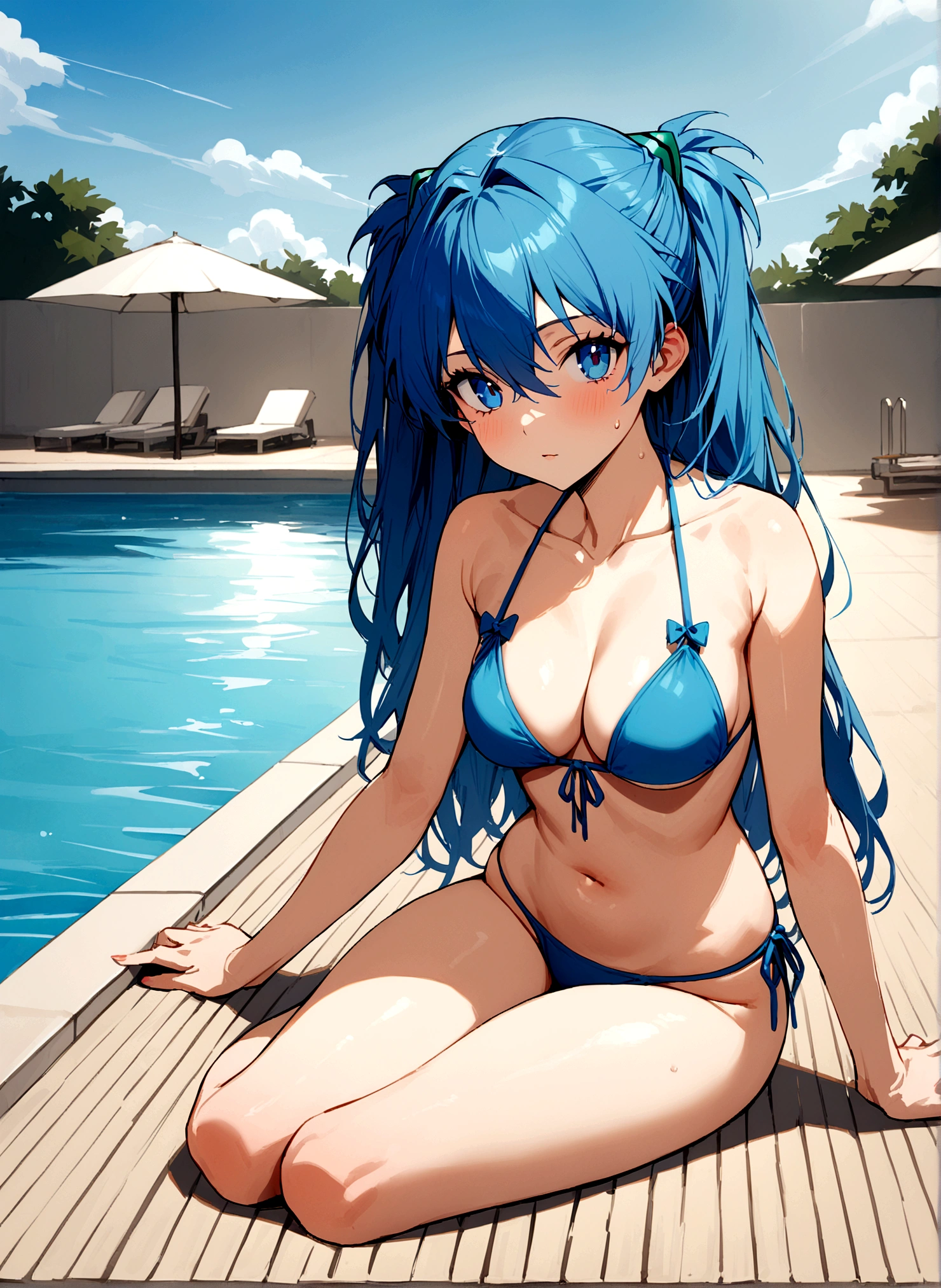 masterpiece, Highest quality, Asuka Langley,Blue Hair, One girl,Beautiful Eyes,bikini,whole body,Poolside