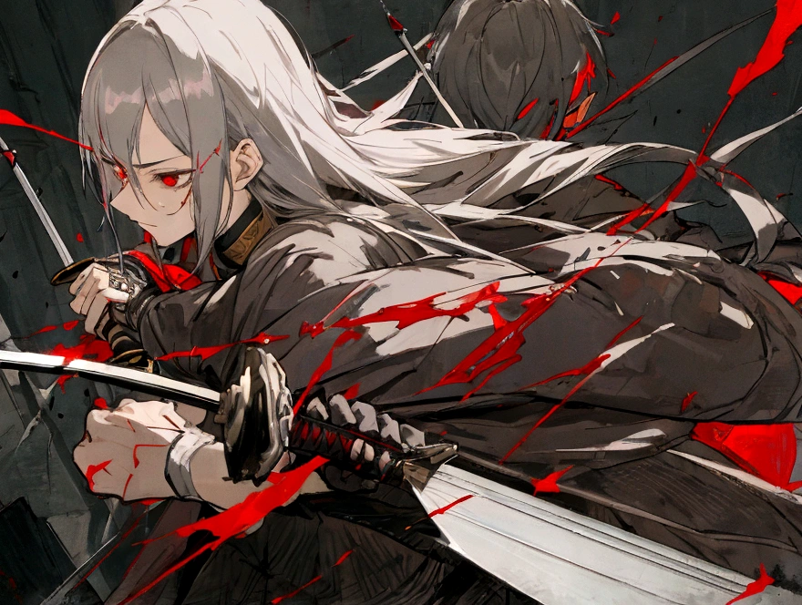 high quality,Just one person,knight鎧,Gray Hair,Long Hair, Seductive red eyes, Cool,knight,Western style,battle,Holding a sword,Naoken,Swordfighting,Extracting the Sword,Moving Pictures,Bleeding,Return blood,battlefield,break,Grit your teeth,kill,Slashing to death