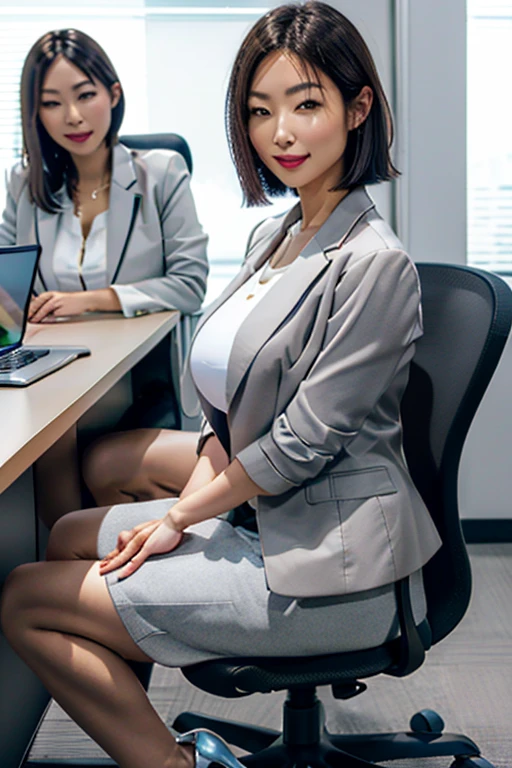 (8K、超A high resolution、The ultra -The high-definition、An ultra-high picture quality、Ultrarealistic、Best Quality、masuter piece)(a Pretty Japanese woman、Black hair short bob:1.1)(huge tit、toned body、big butts:1.3)(Officelady、White shirt、Gray jacket、Grey tight skirt、high-heels、Hide all breasts:1.28)In the office district、Open your legs quite wide to the sides、Sit in a chair with your knees wide bent