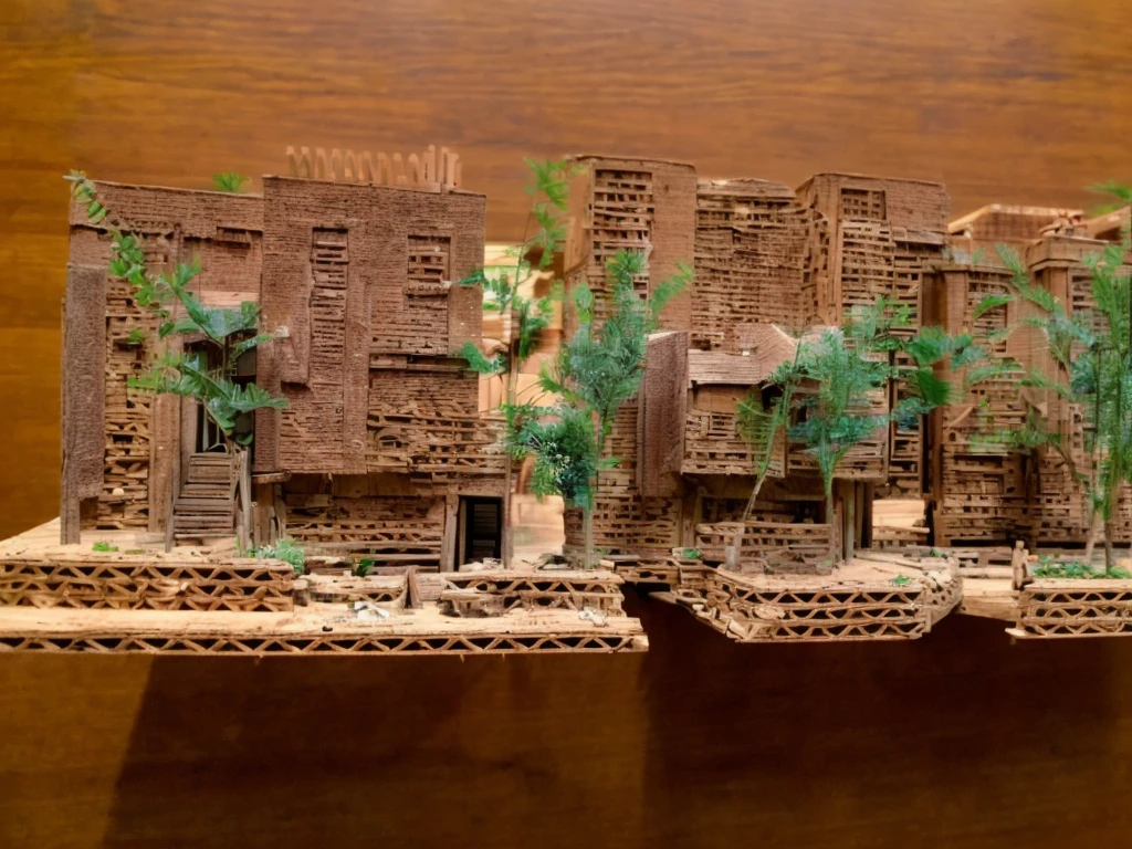 there are four miniature model buildings made of wood and plants, section model, architectural model, detailed clay model, center model buildings, miniature model, with vegetation, diorama model, detailed model, highly detailed model, 3d printed building, clay model, backside of scenography elements, perspective view, concept model, building cover with plant, buildings covered with greebles